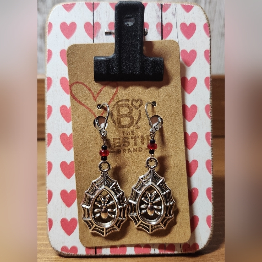 Silver in Color Red Black Bead Spider Web Dangle Drop Leverback Clasp Earrings